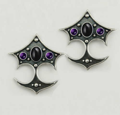 Sterling Silver Gothic Drop Dangle Earrings With Black Onyx And Amethyst